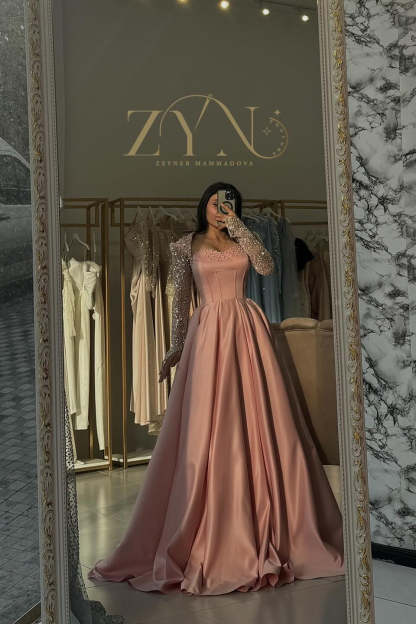 Princess Pink Sweetheart Long-Sleeve A-Line Formal Dress with Rhinestones