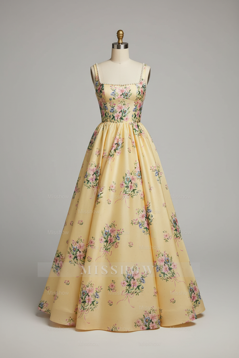 Princess Yellow Floral Embroidered A-Line Ball Gown Prom Dress with Pearl Neckline and Open Back