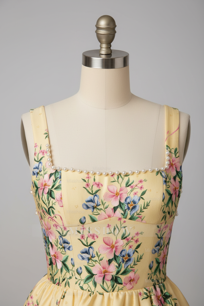 Princess Yellow Floral Embroidered A-Line Ball Gown Prom Dress with Pearl Neckline and Open Back