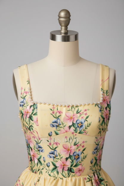 Princess Yellow Floral Embroidered A-Line Ball Gown Prom Dress with Pearl Neckline and Open Back