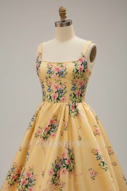 Princess Yellow Floral Embroidered A-Line Ball Gown Prom Dress with Pearl Neckline and Open Back