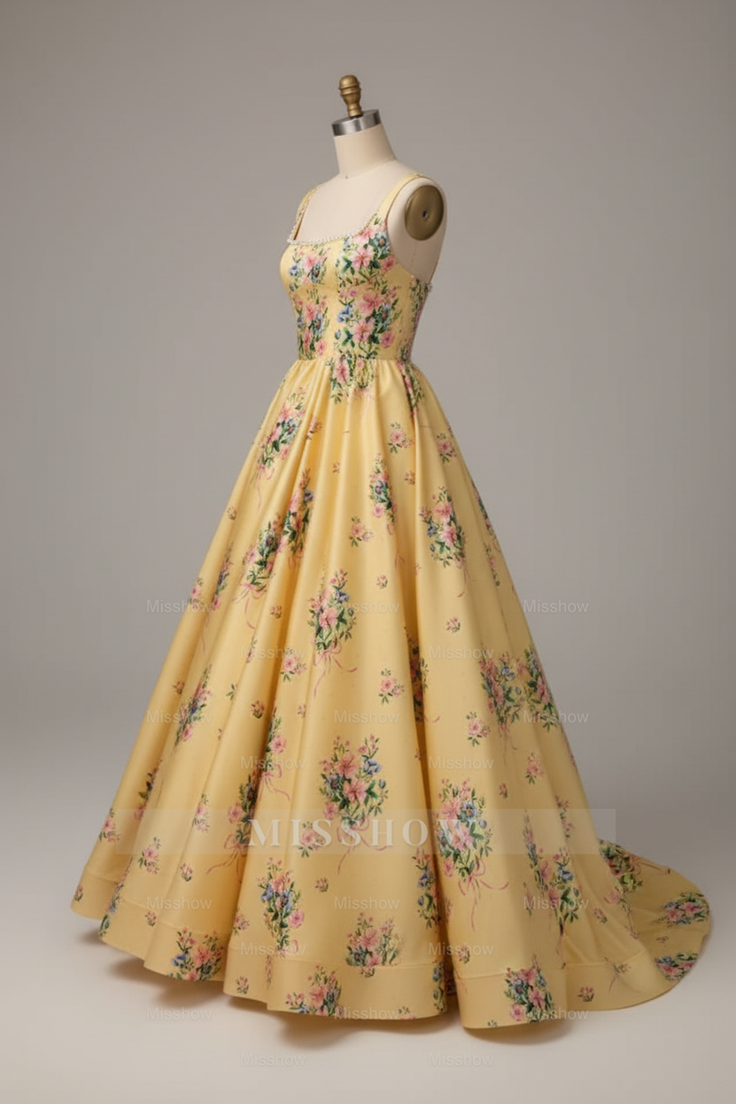 Princess Yellow Floral Embroidered A-Line Ball Gown Prom Dress with Pearl Neckline and Open Back