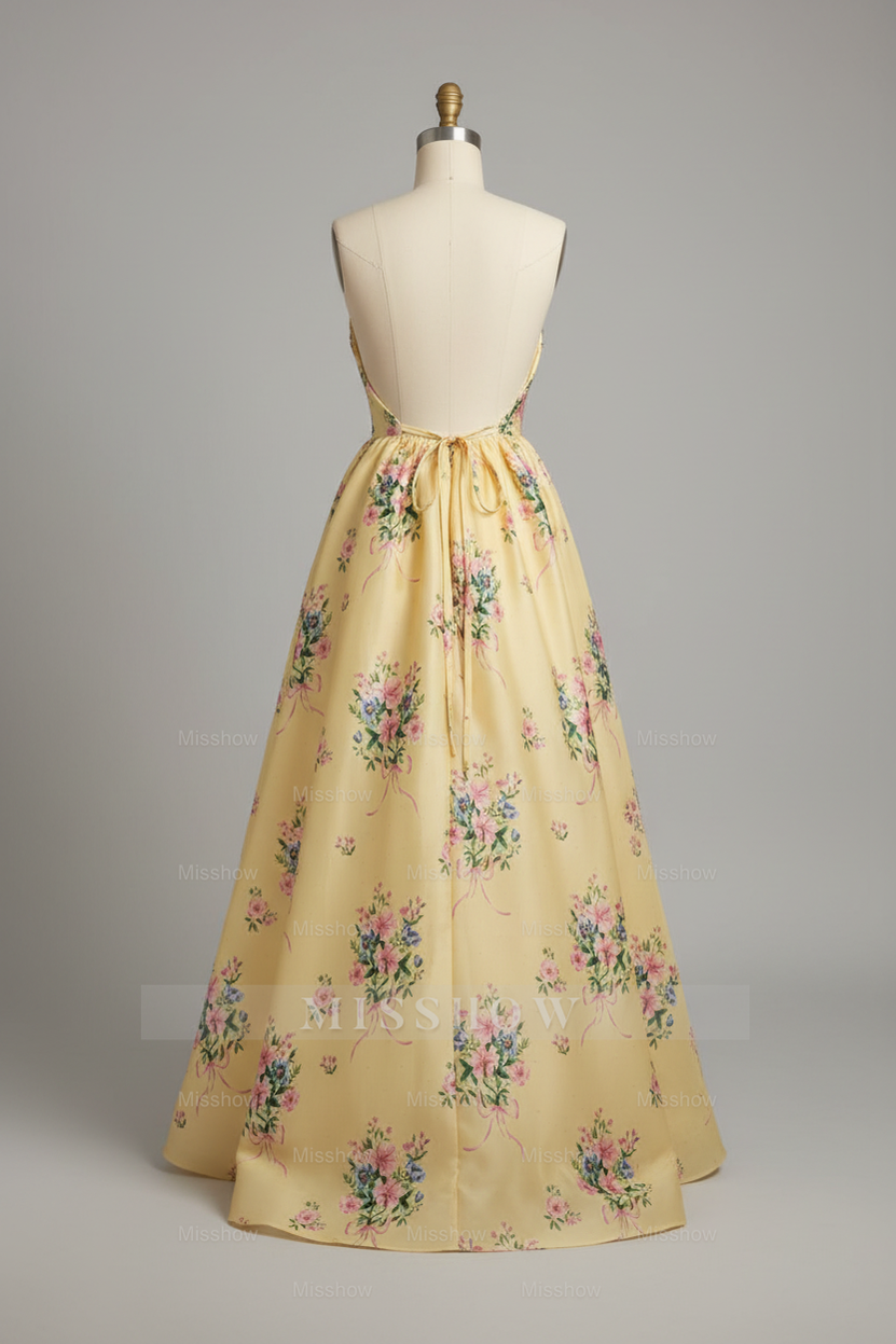 Princess Yellow Floral Embroidered A-Line Ball Gown Prom Dress with Pearl Neckline and Open Back