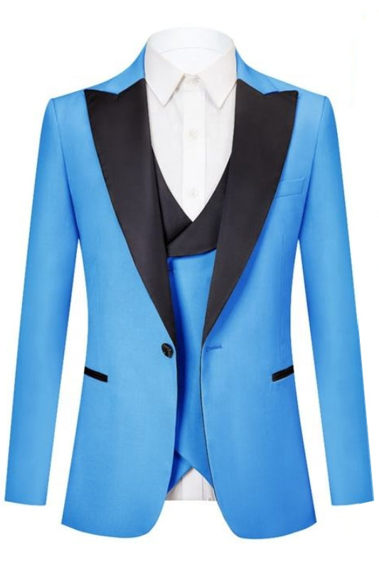 Stylish Azure Peaked Lapel Three-Piece Prom Attire