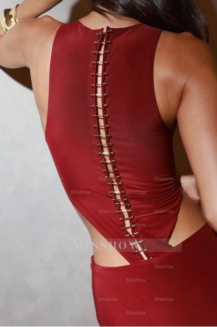 Red Jewel Neck Sleeveless Mermaid Long Formal Dress With Pleated