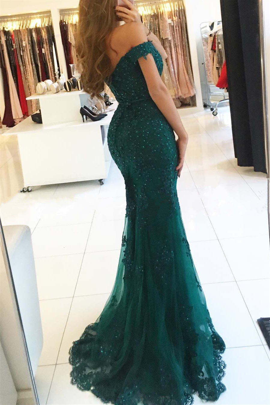 Red Long Evening Dresses Lace Beaded Off Shoulder Mermaid Prom Evening Dresses Party Dresses