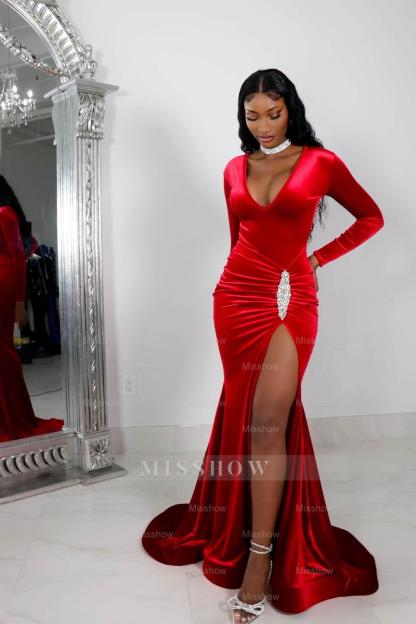 Red Long Formal Dress Long Sleeves Simple With High Split Pleated