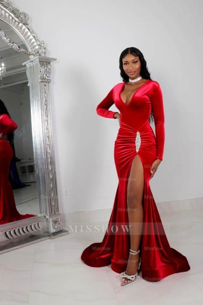 Red Long Formal Dress Long Sleeves Simple With High Split Pleated