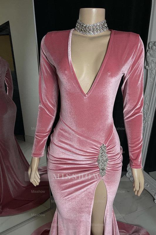 Red Long Formal Dress Long Sleeves Simple With High Split Pleated