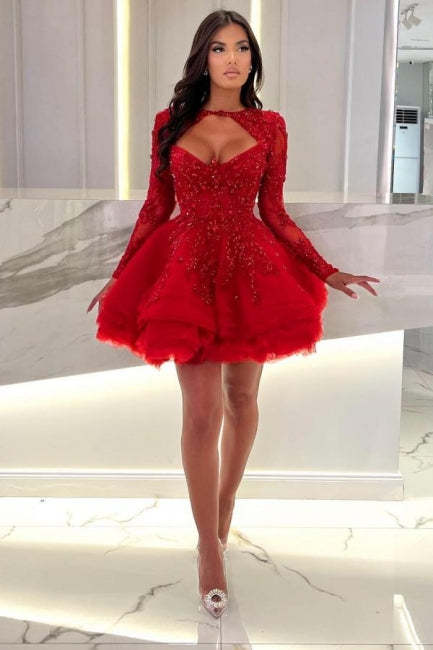 Red Mini A-Line Long Sleeves Ruffles Halter Prom Evening Dresses with Appliques