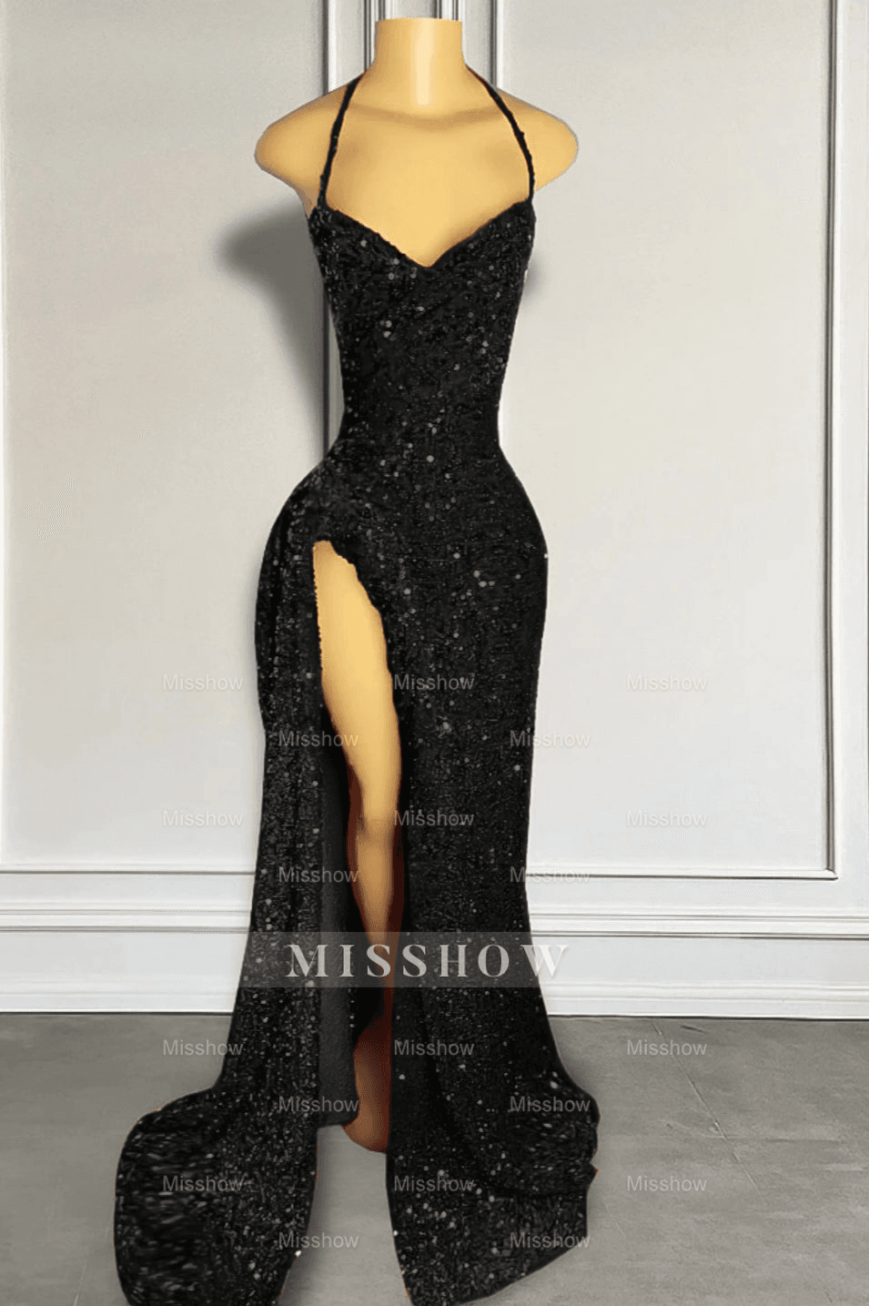 Red Sequins Prom Dress with Slit Shiny Floor-Length Party Dress