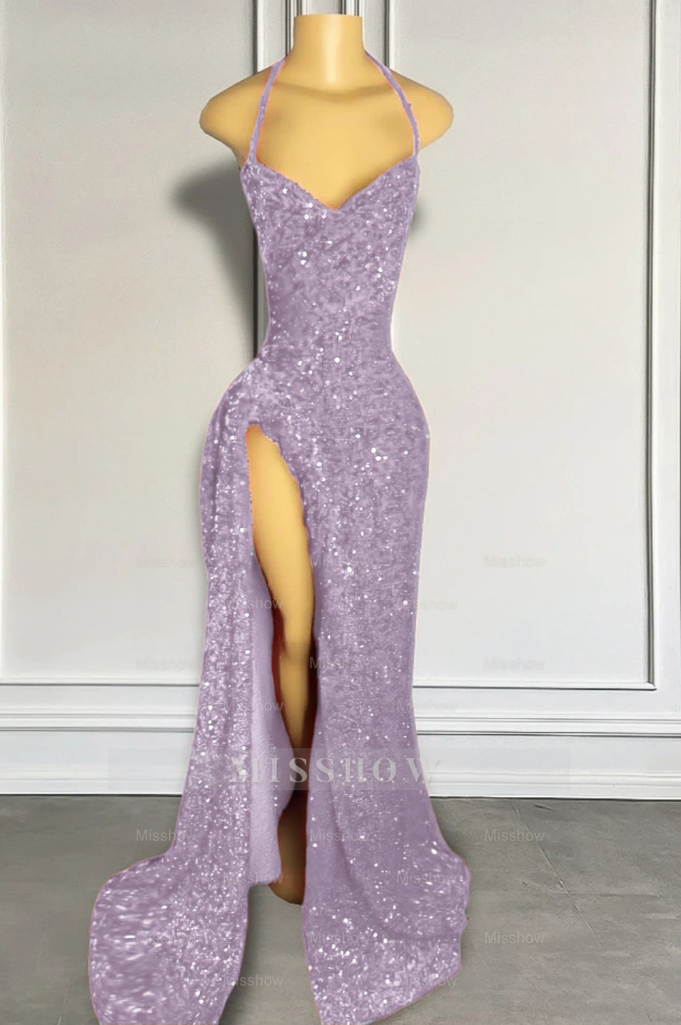 Red Sequins Prom Dress with Slit Shiny Floor-Length Party Dress