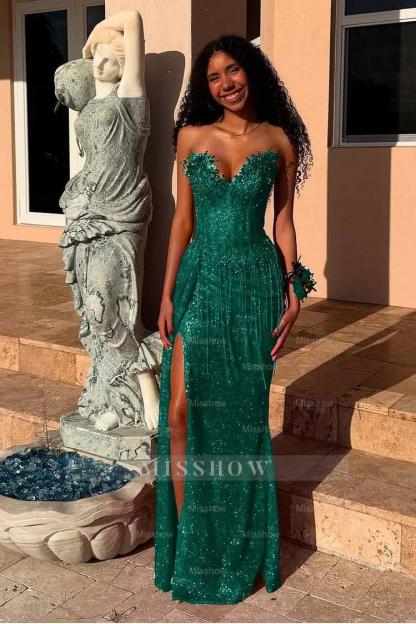 Red Strapless Sleeveless Long Mermaid Formal Dress With Sequins Split