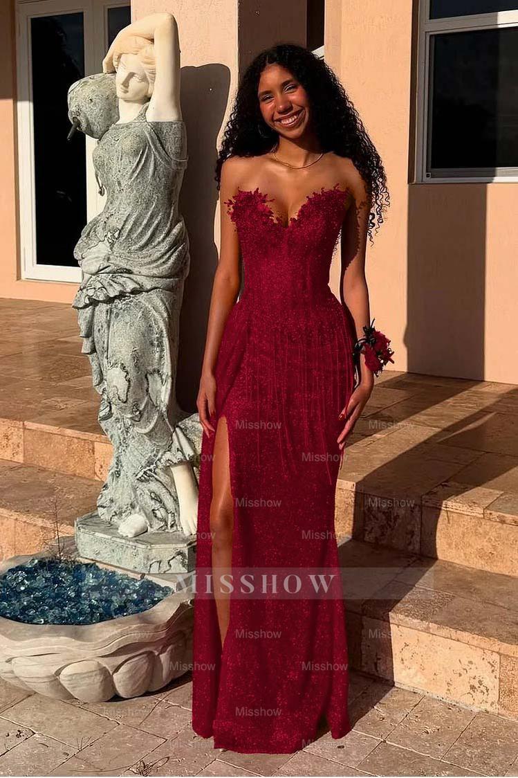 Red Strapless Sleeveless Long Mermaid Formal Dress With Sequins Split