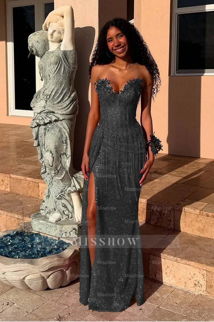 Red Strapless Sleeveless Long Mermaid Formal Dress With Sequins Split