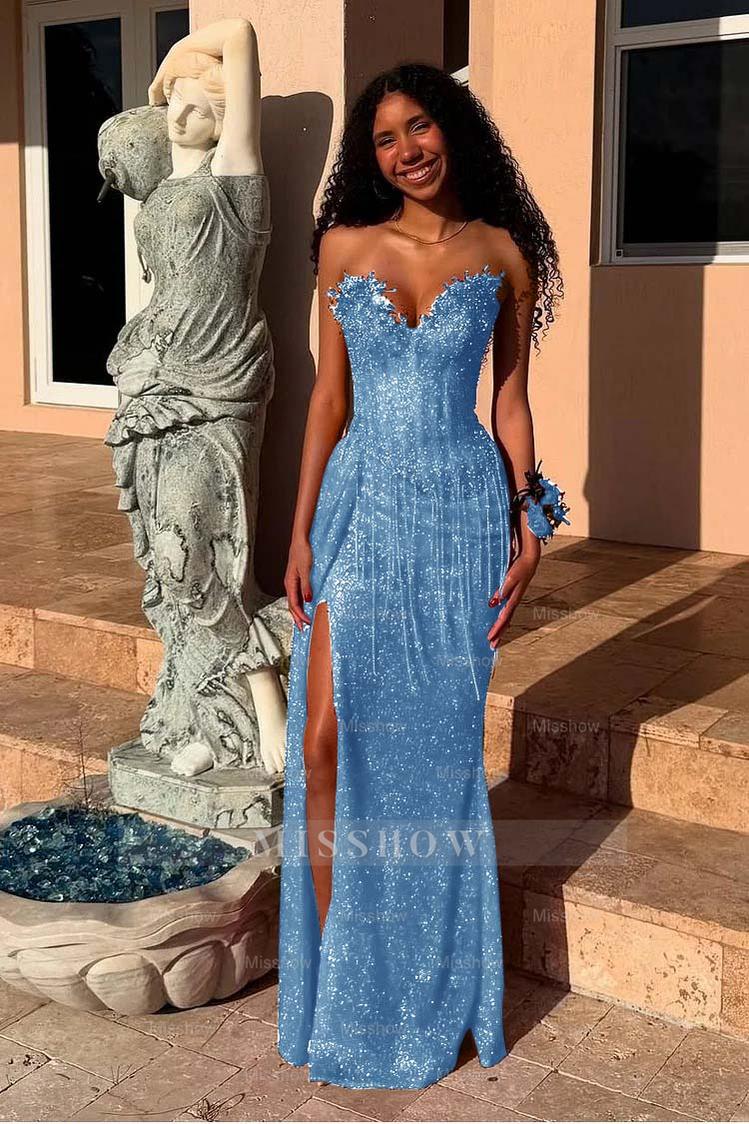 Red Strapless Sleeveless Long Mermaid Formal Dress With Sequins Split