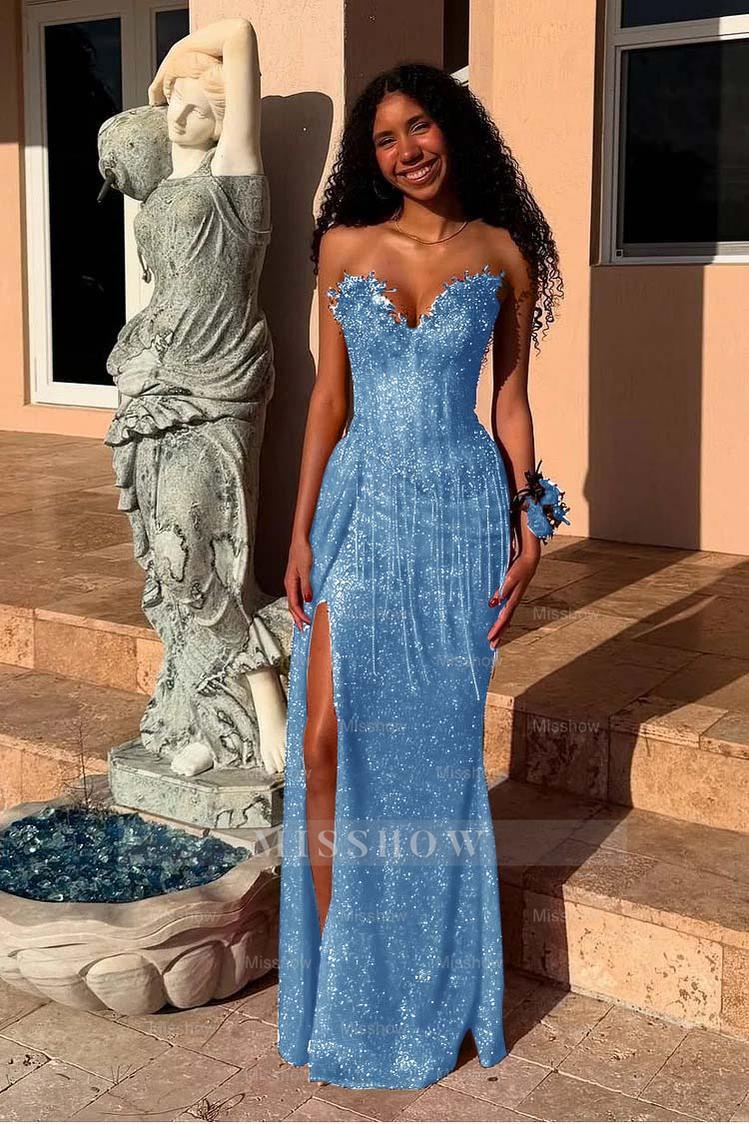 Red Strapless Sleeveless Long Mermaid Formal Dress With Sequins Split