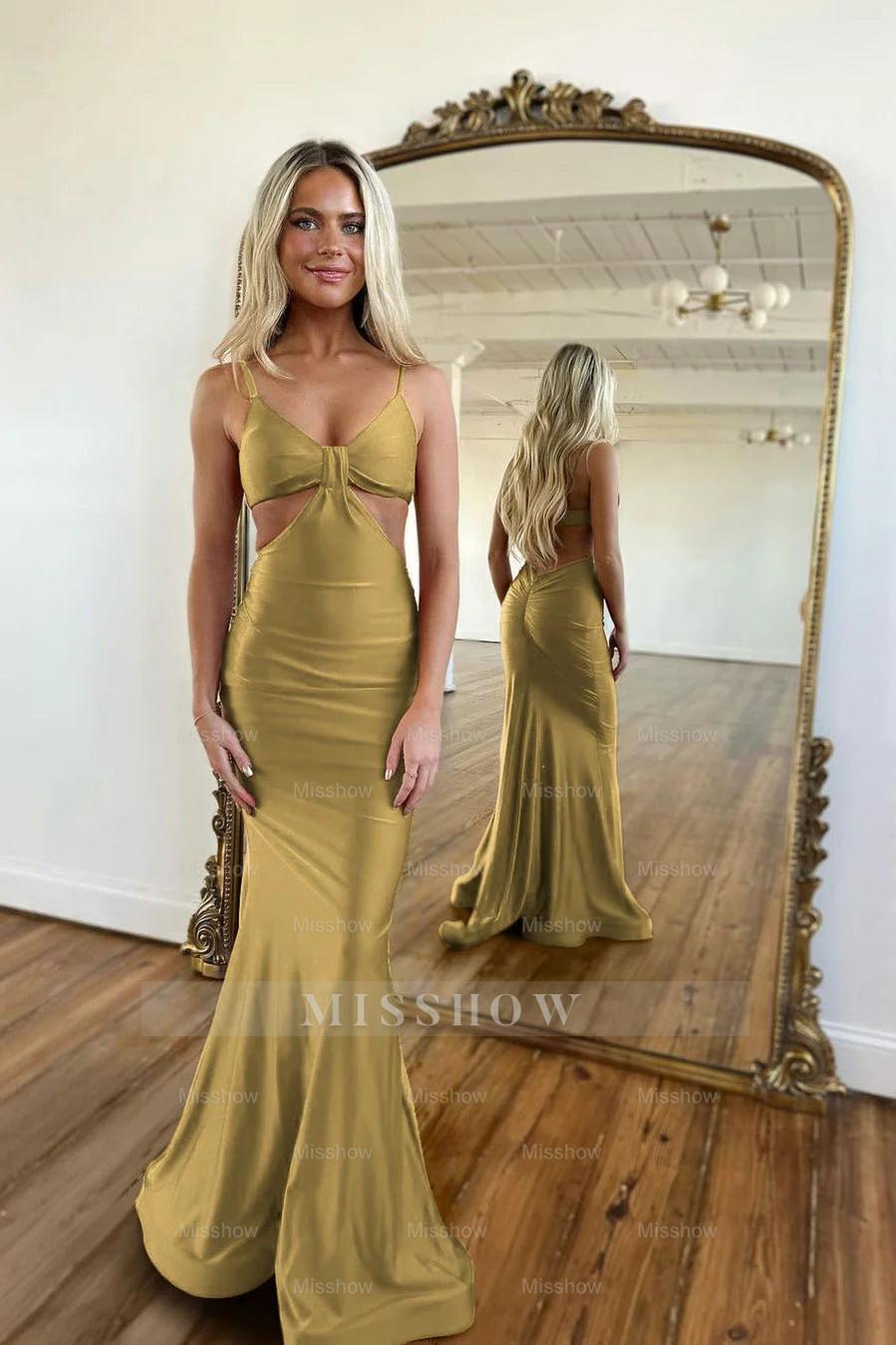 Red Waistless Sleeveless Tight Fitting Spaghetti Strap Mermaid Formal Dress