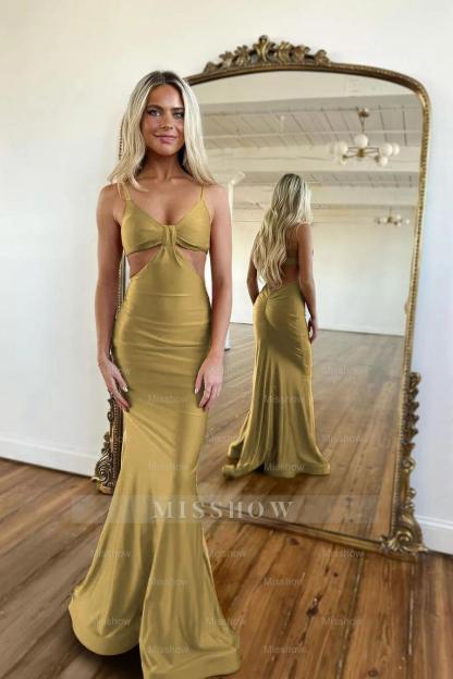 Red Waistless Sleeveless Tight Fitting Spaghetti Strap Mermaid Formal Dress