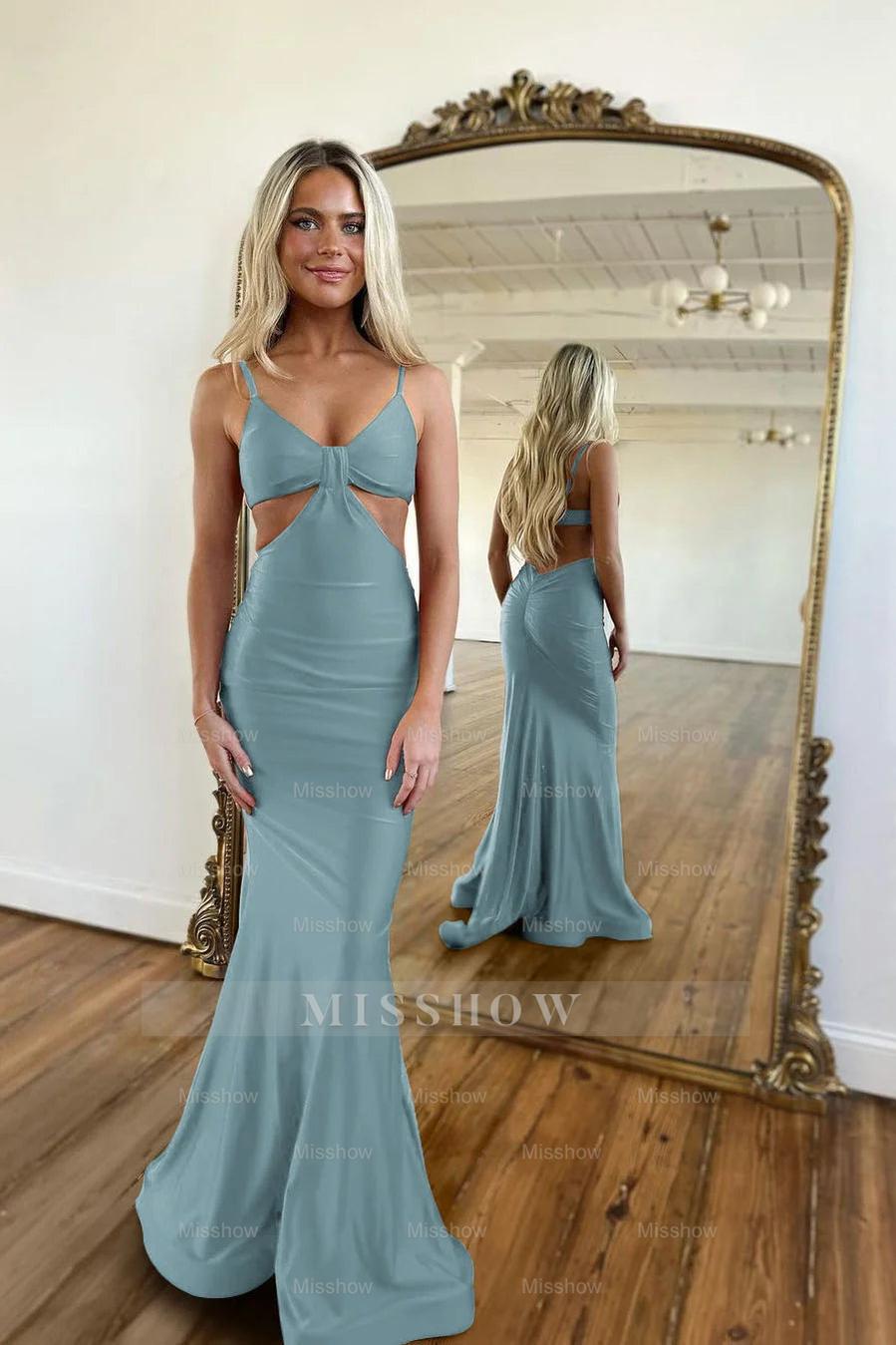 Red Waistless Sleeveless Tight Fitting Spaghetti Strap Mermaid Formal Dress