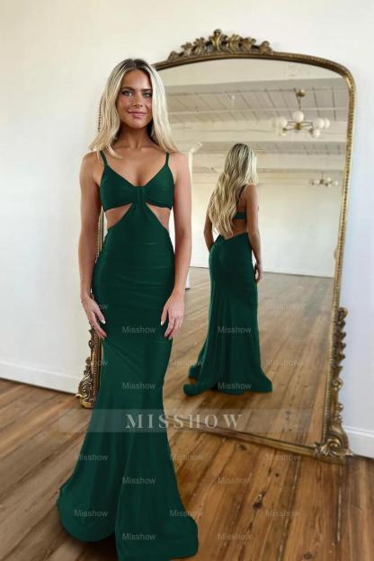 Red Waistless Sleeveless Tight Fitting Spaghetti Strap Mermaid Formal Dress