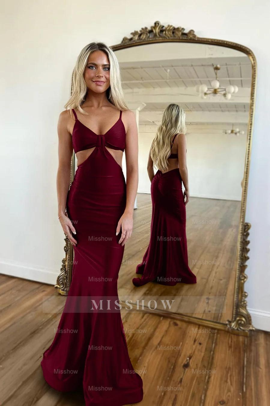 Red Waistless Sleeveless Tight Fitting Spaghetti Strap Mermaid Formal Dress