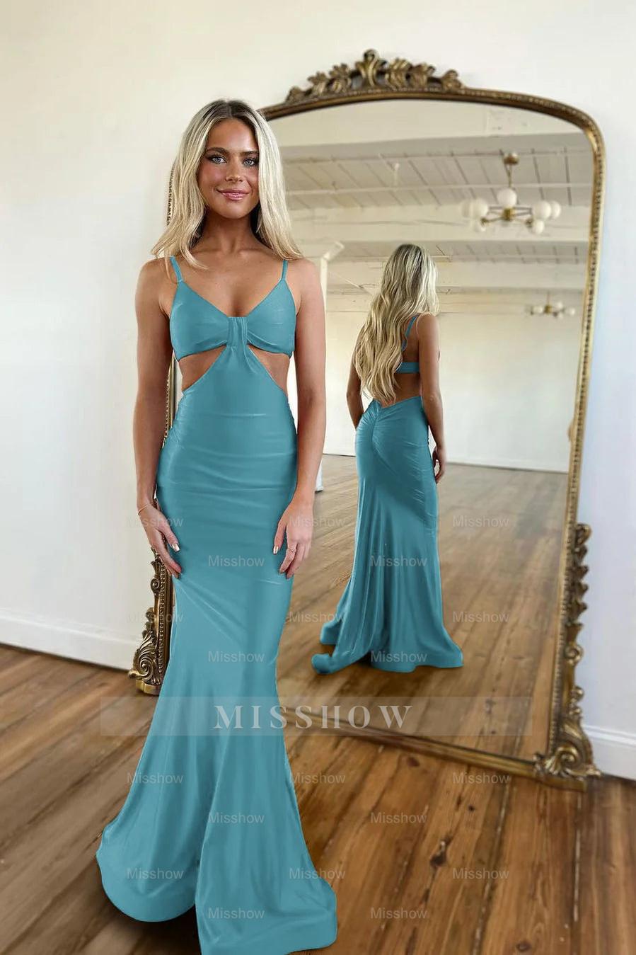 Red Waistless Sleeveless Tight Fitting Spaghetti Strap Mermaid Formal Dress