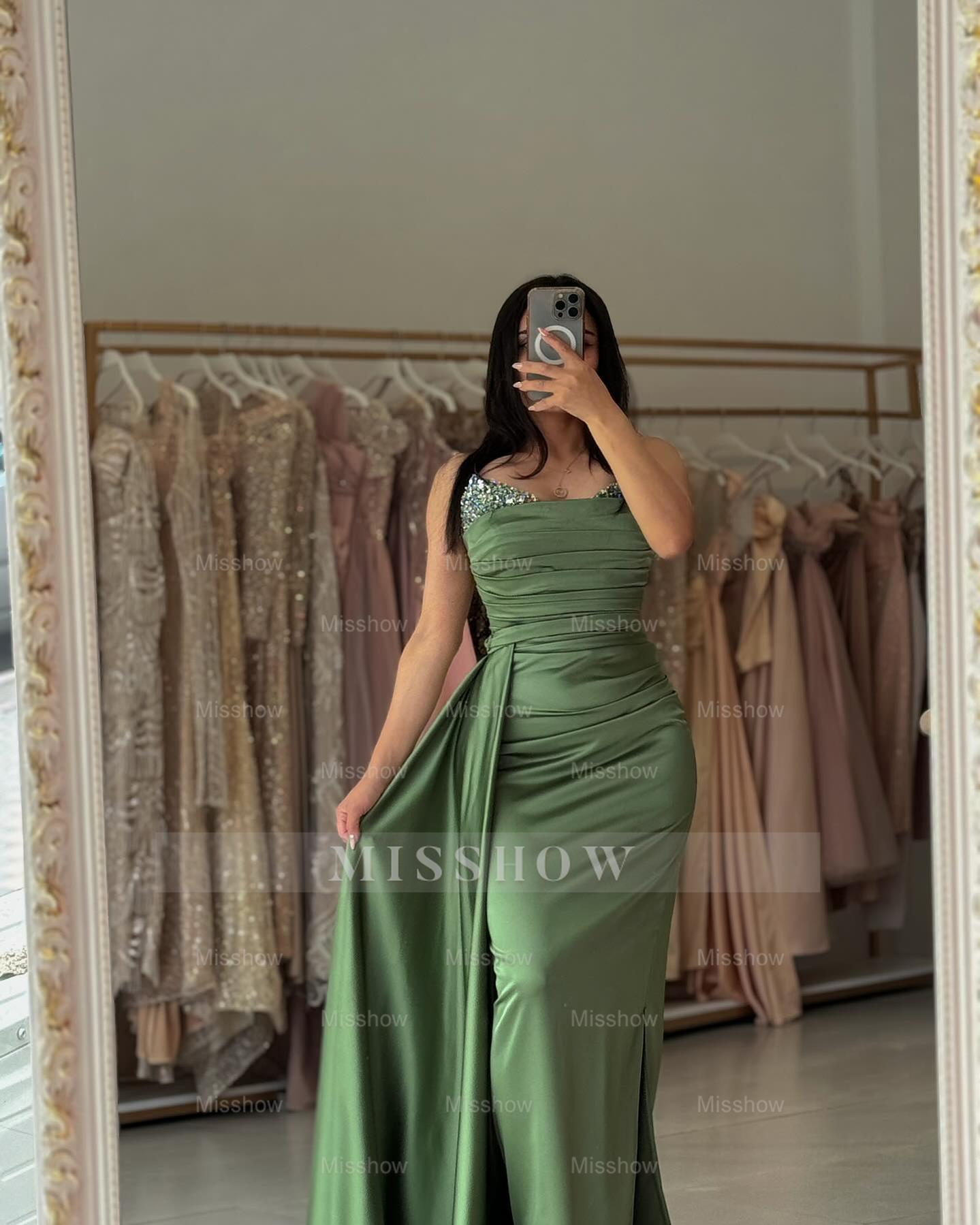 Refreshing Dusty Sage Off-The-Shoulder Long-Sleeve Mermaid Formal Dress with Panel Train