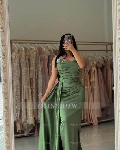 Refreshing Dusty Sage Off-The-Shoulder Long-Sleeve Mermaid Formal Dress with Panel Train