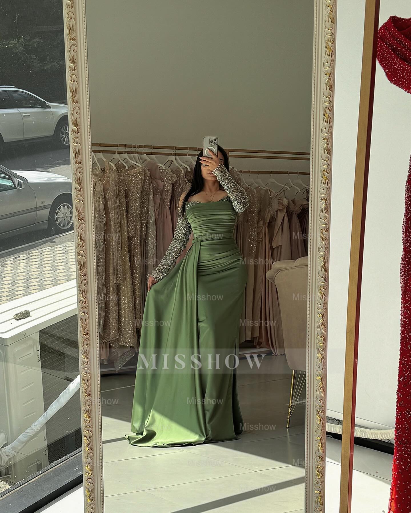 Refreshing Dusty Sage Off-The-Shoulder Long-Sleeve Mermaid Formal Dress with Panel Train