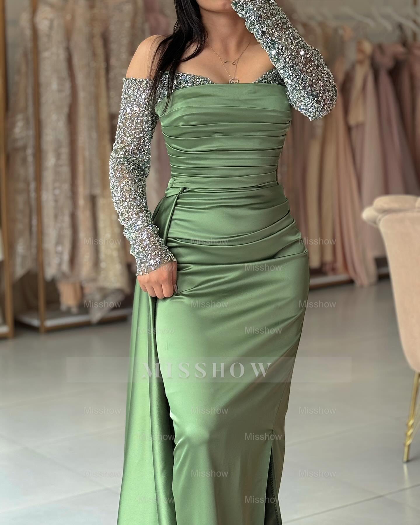 Refreshing Dusty Sage Off-The-Shoulder Long-Sleeve Mermaid Formal Dress with Panel Train