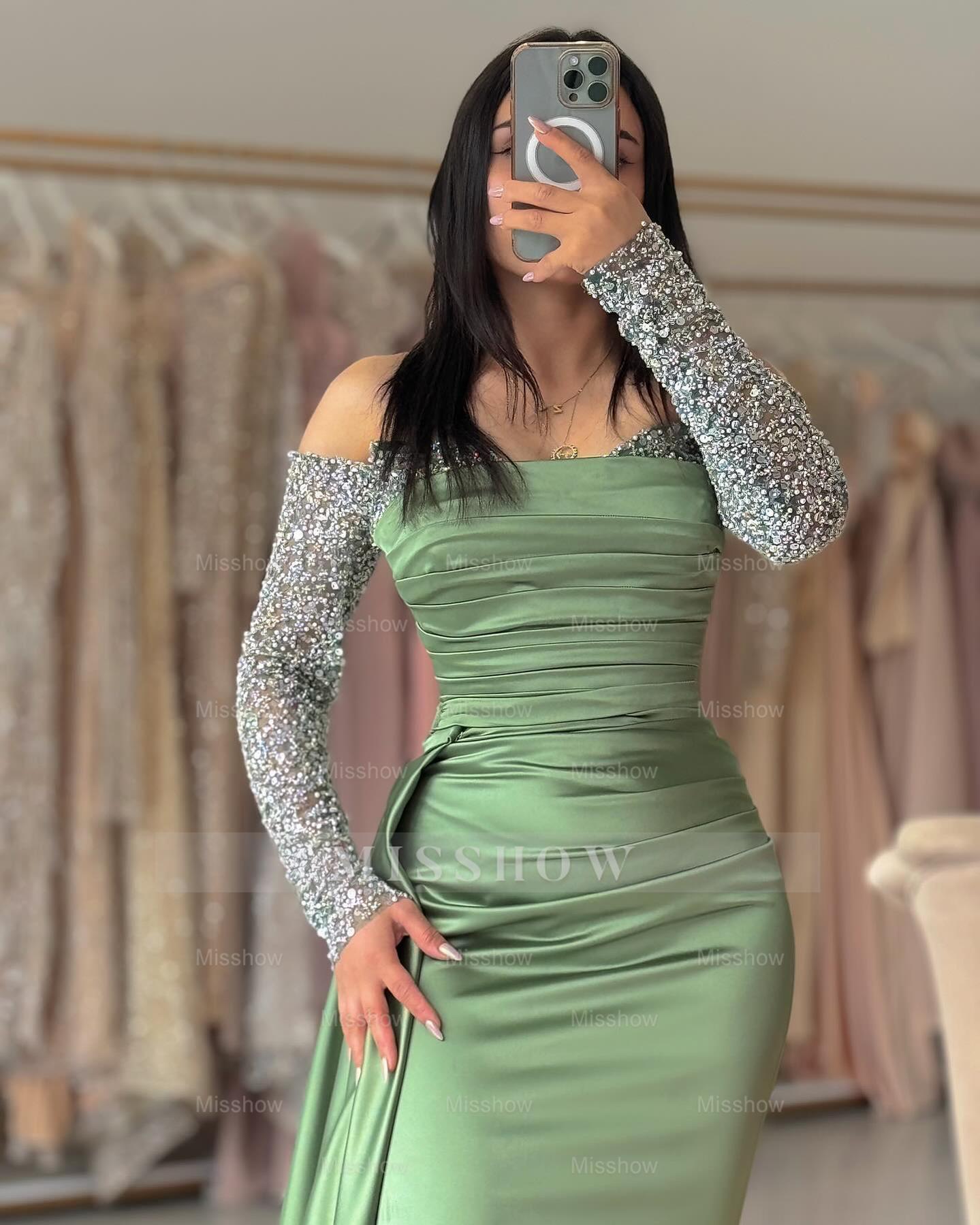 Refreshing Dusty Sage Off-The-Shoulder Long-Sleeve Mermaid Formal Dress with Panel Train