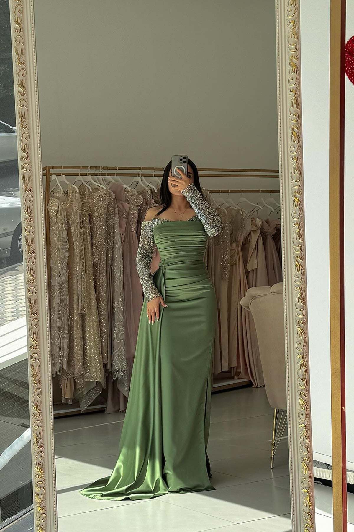 Refreshing Dusty Sage Off-The-Shoulder Long-Sleeve Mermaid Formal Dress with Panel Train