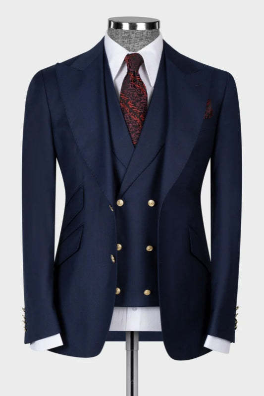 Rich Navy Peak Lapel Three Piece Business Wear