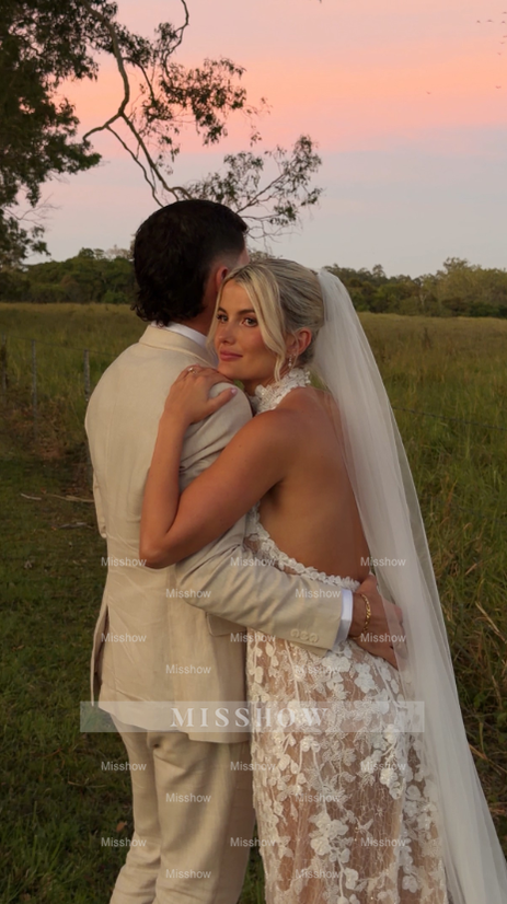 Romantic Long Champagne Halter A-line Backless Wedding Dress