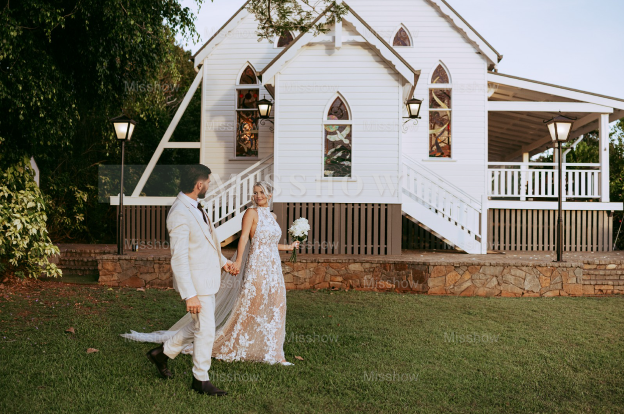 Romantic Long Champagne Halter A-line Backless Wedding Dress