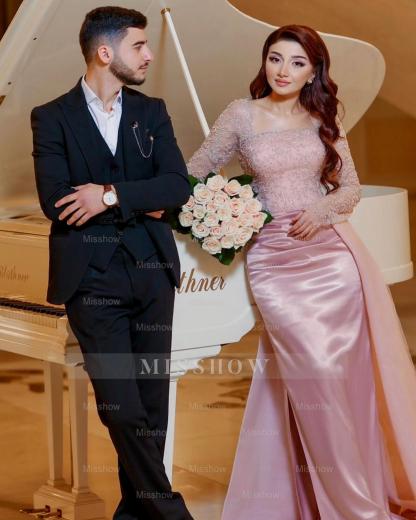 Romantic Pink Square Long-Sleeve Mermaid Evening Dress with Detachable Train