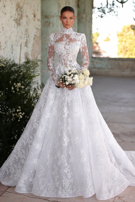 Romantic White A-Line High Neck Long Sleeves Ball Gown Lace Tulle Long Wedding Dresses