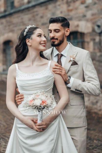 Romantic White A-Line Spaghetti Strap Square Sleeveless Ruffle Sweep Train Satin Wedding Dresses With Slit