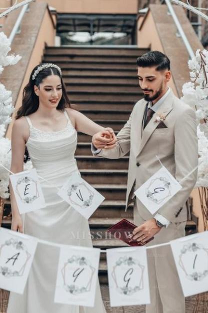 Romantic White A-Line Spaghetti Strap Square Sleeveless Ruffle Sweep Train Satin Wedding Dresses With Slit