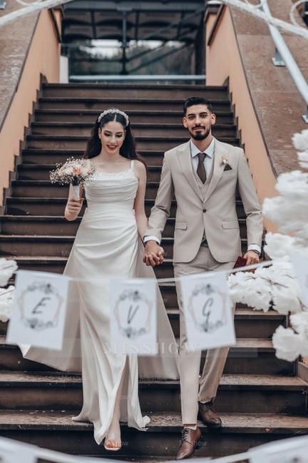 Romantic White A-Line Spaghetti Strap Square Sleeveless Ruffle Sweep Train Satin Wedding Dresses With Slit