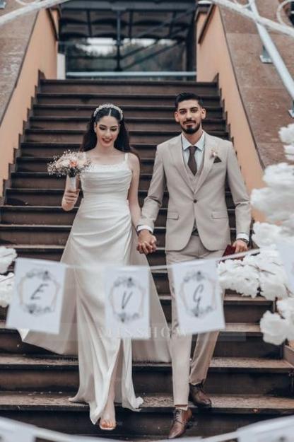 Romantic White A-Line Spaghetti Strap Square Sleeveless Ruffle Sweep Train Satin Wedding Dresses With Slit