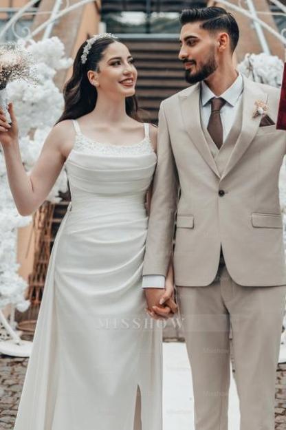 Romantic White A-Line Spaghetti Strap Square Sleeveless Ruffle Sweep Train Satin Wedding Dresses With Slit