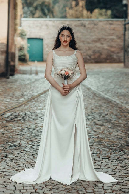 Romantic White A-Line Spaghetti Strap Square Sleeveless Ruffle Sweep Train Satin Wedding Dresses With Slit