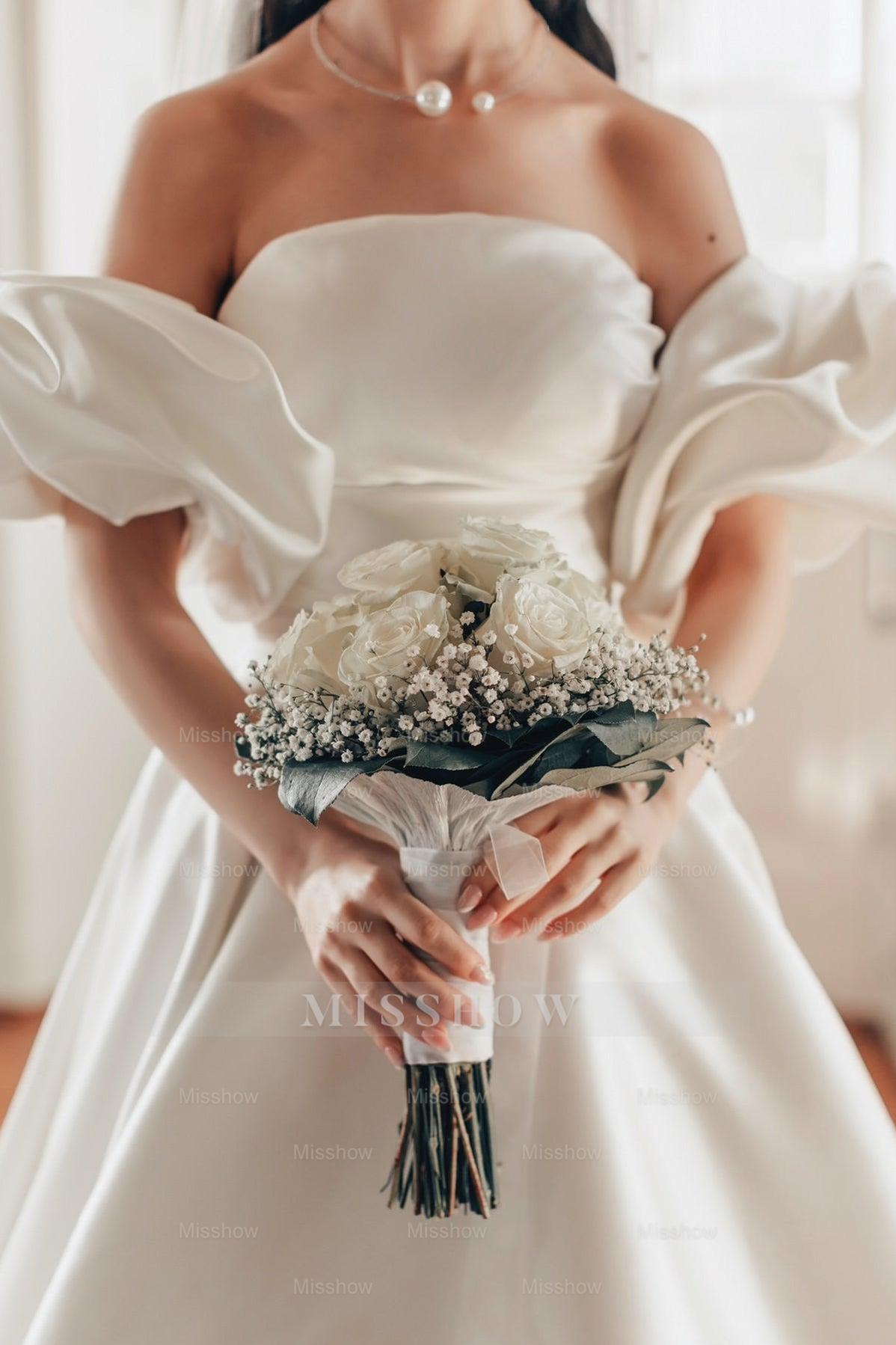 Romantic White A-Line Strapless Sleeveless Sweep Train Simple Satin Wedding Dresses