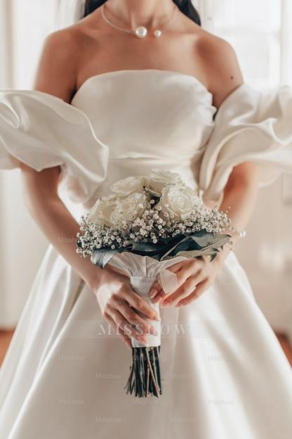 Romantic White A-Line Strapless Sleeveless Sweep Train Simple Satin Wedding Dresses