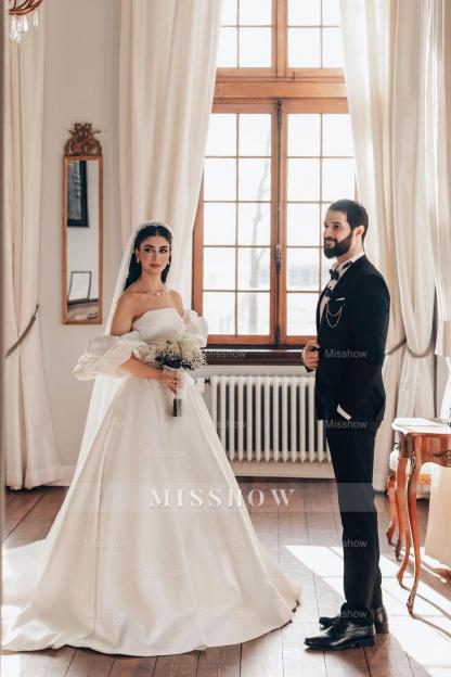 Romantic White A-Line Strapless Sleeveless Sweep Train Simple Satin Wedding Dresses