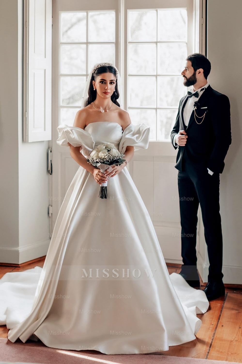 Romantic White A-Line Strapless Sleeveless Sweep Train Simple Satin Wedding Dresses