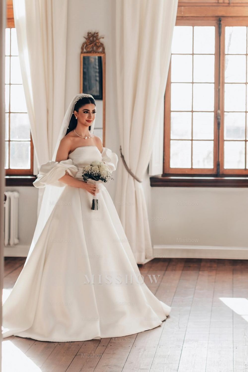 Romantic White A-Line Strapless Sleeveless Sweep Train Simple Satin Wedding Dresses