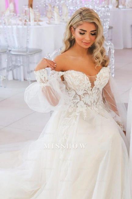 Romantic White A-Line Sweetheart Off-The-Shoulder Lace Court Train Tulle Wedding Dress With Appliques